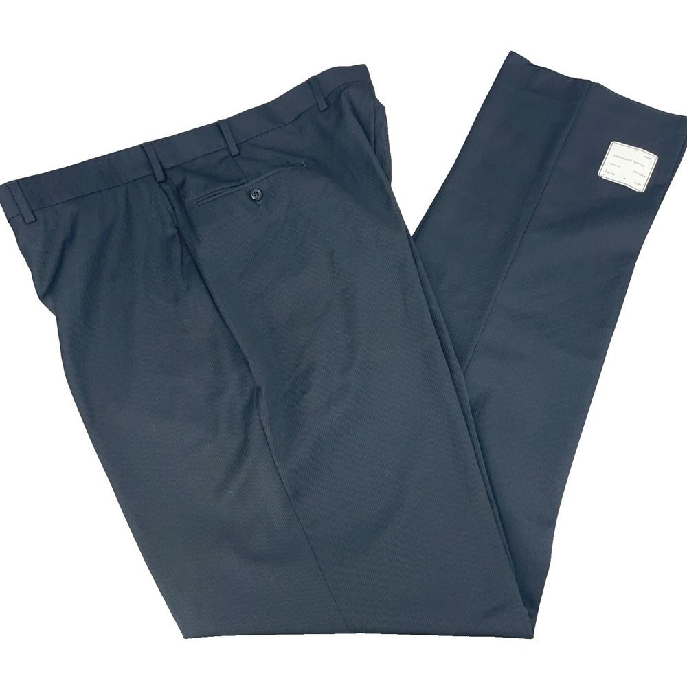 Jos A Bank Signature Mens 42x39 Black Dress Pants Flat Front Raw Hem Pin Stripe